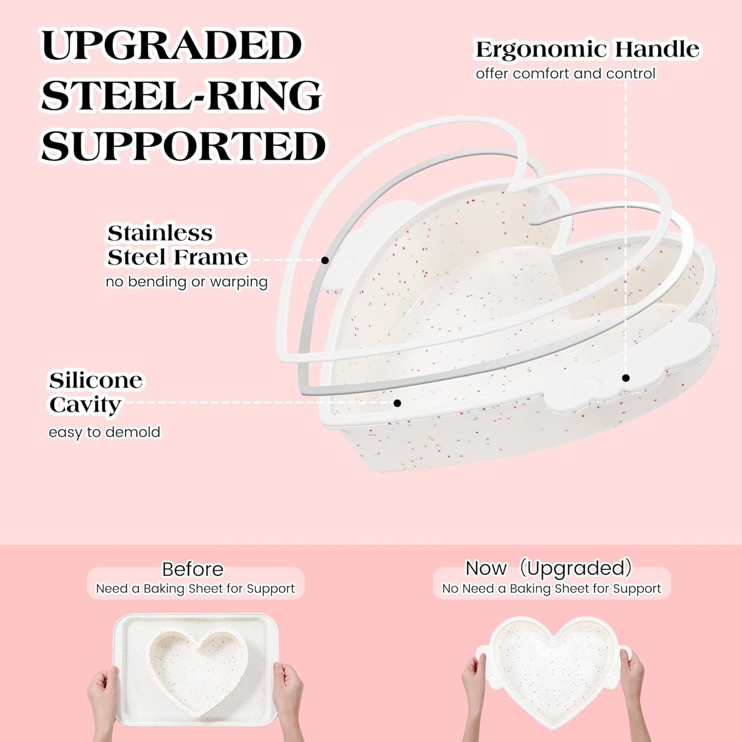 8 Inch Heart Shaped Cake Pans with Metal Reinforced Frame Nonstick Silicone Heart Cake Molds for Baking Set of 2 (Cream)