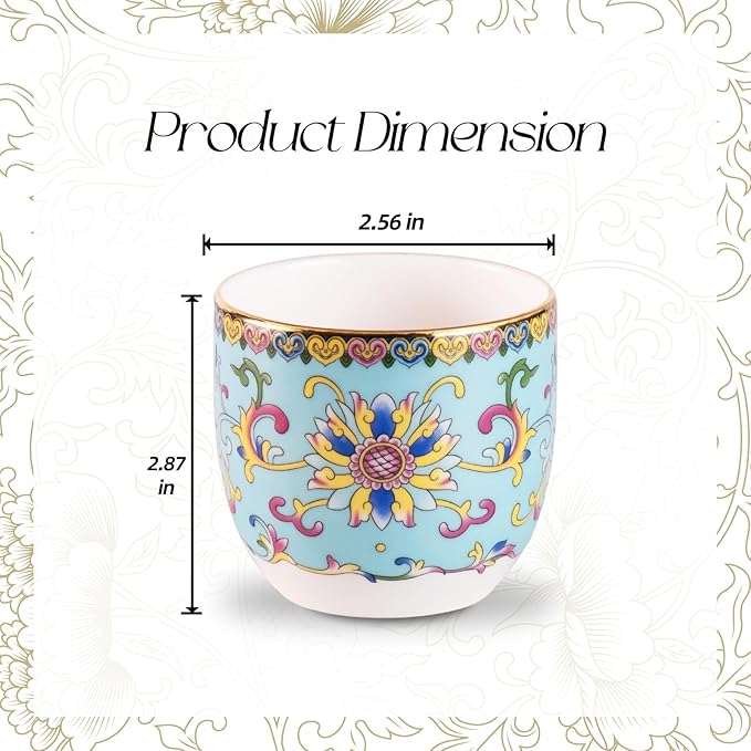 KAMMAK Tea Cups Set of 2, 6.35oz Mini Ceramic & Porcelain Tea Mugs -Handleless Vintage, Non-Toxic Handcrafted Cups for Juice, Coffee, Gift(Red + Lake Blue)