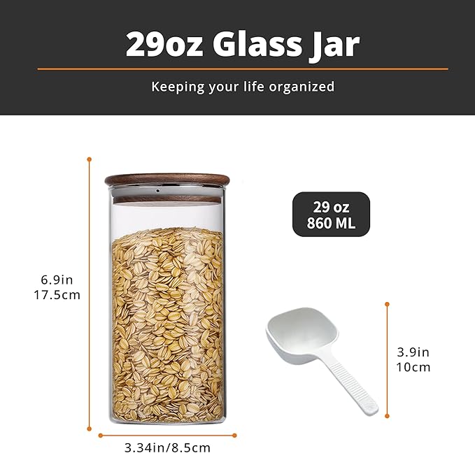 29oz Glass Storage Jars with Airtight Walnut Lid, Clear Glass Containers for Tea, Sugar, Candy, Cookie, Coffee Bean