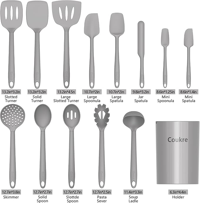 Coukre Silicone Kitchen Cooking Utensils Set with Holder – Heat-Resistant, Food-Grade Kitchen Tools, Spatula, Spoon & Gadgets for Non-Stick Pans, Dishwasher Safe (14, PureGray)