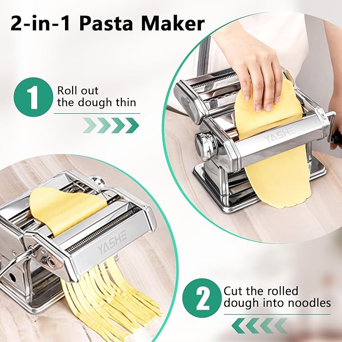 2-in-1 Pasta Maker with Cleaning Kit, Adjustable Thickness Settings Pasta Maker Machine with Pasta Roller and Cutter, Dual Width Noodle Maker for Pasta, Spaghetti, Fettuccine, Lasagna