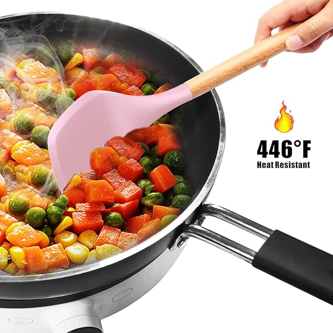 Silicone Kitchen Utensils Set - 446°F Heat Resistant Cooking Utensil Sets, Spatula,Turner,Tongs,Spoon,Brush,Whisk, Wooden Handle Silicone Kitchen Gadgets Tools for Non-Stick Cookware BPA Free (Pink)