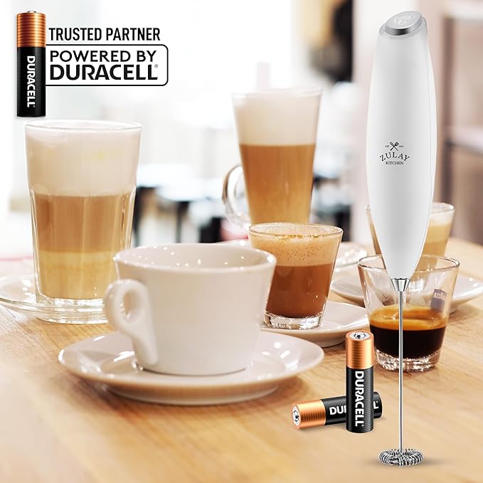 Zulay Kitchen Milk Frother Handheld Electric Whisk with AA Duracell Batteries – Durable Drink Mixer for Coffee, Lattes, Cappuccinos & More - White
