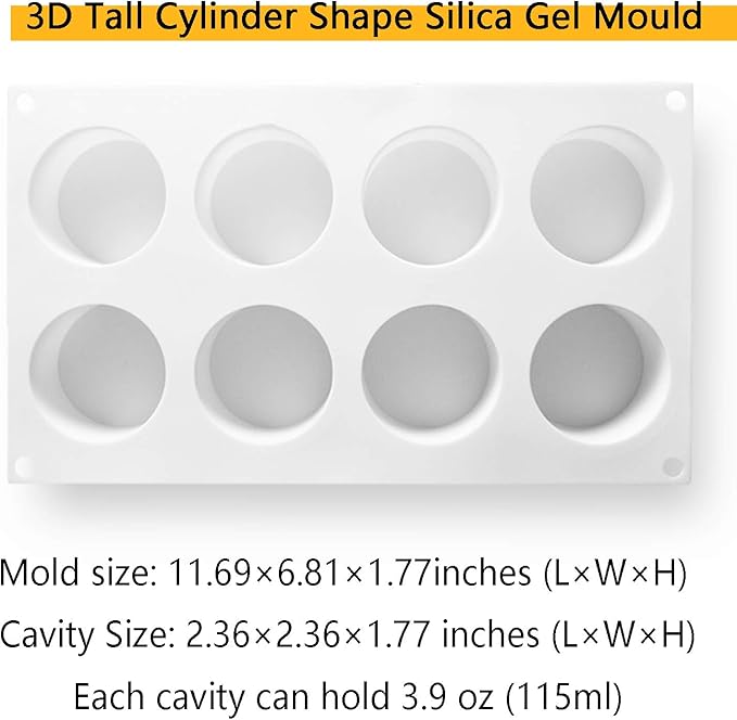 OCPO KITCHEN Tall Cylinder Silicone Molds for Mousse Cake, 3D Silicone Baking Mold for Brownie French Dessert Pastry Ice Cream Cake Decoration Mold, Cylinder Shape (8-cavity)