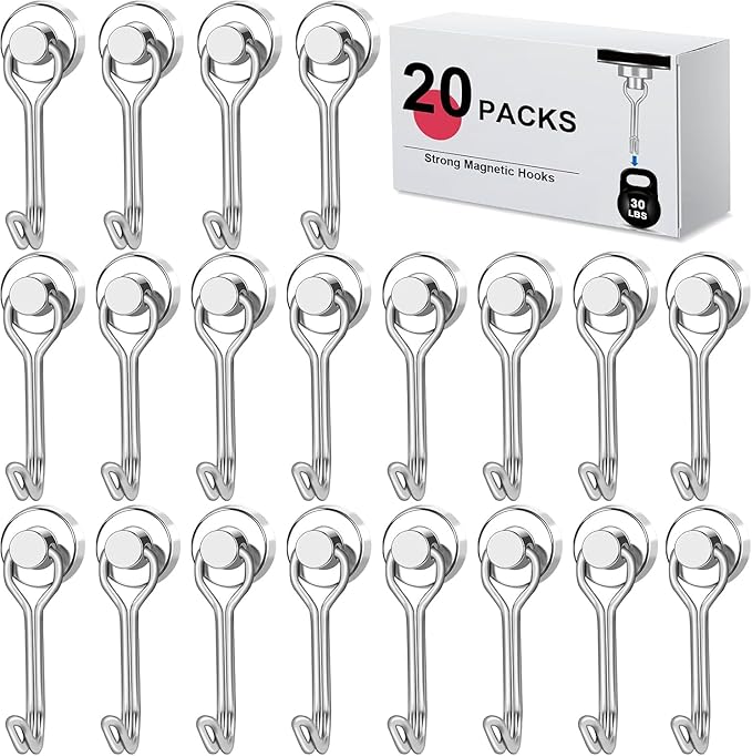 LOVIMAG Hooks, 30lbs+ Magnetic Magnet Hook 2025 Cruise Cabin Ship Essentials Heavy Duty Strong Refrigerator Fridge Hanging for Classroom Beach Vacation Kitchen Grills Home Mug Hanger (20 Pack), Silver