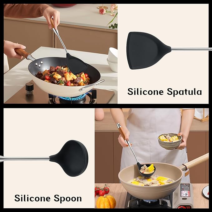 FJNATINH Silicone Spatula and Ladle Tool Set - Wok Tools, Wok Utensil,Stainless Steel Non Stick Heat-Resistant Kitchen Utensils BPA Free Cooking Utensils Cookware Wooden Handle,2 Pieces