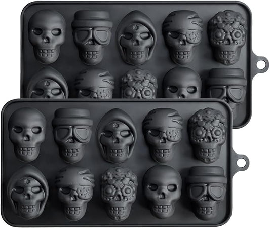 JETKONG 10 Cavity Skull Chocolate Molds Silicone Skull Candy Mold for Jelly Crayon Resin, Pack of 2 (Black)