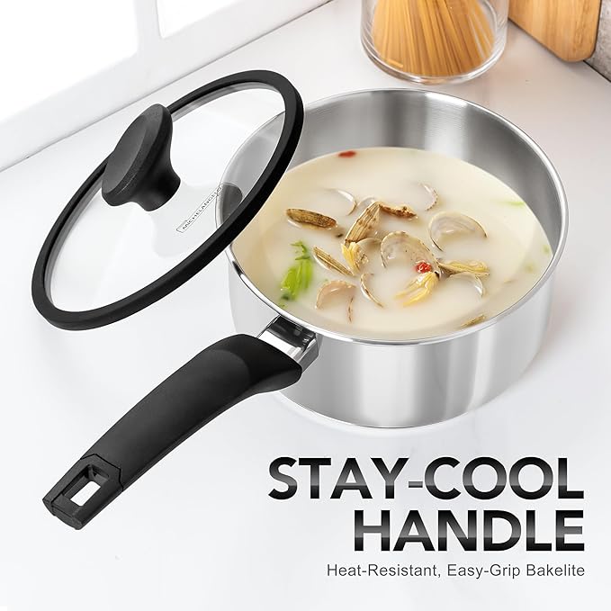 MICHELANGELO Stainless Steel Saucepan with Lid 1QT & 2QT & 3QT, Triply Stainless Steel Saucepans with Bakelite Handle, Premium Nonstick Sauce Pot Set for Kitchen Cooking, Induction Compatible