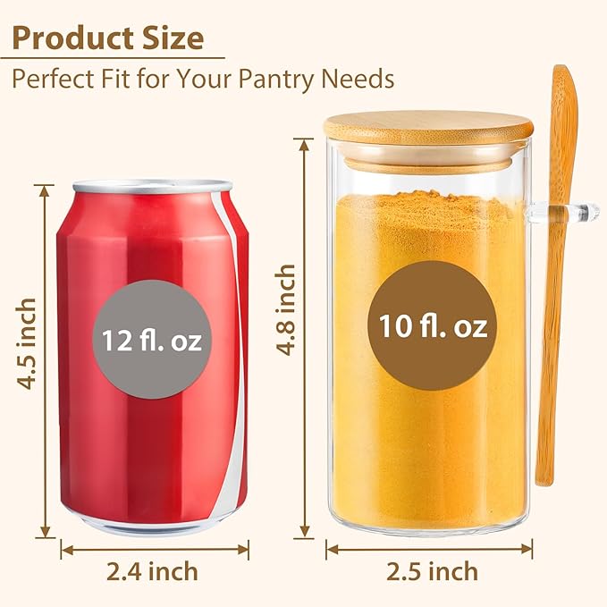 12 Pack 10 oz Round Glass Spice Jars with Lids and Spoons – Airtight Small Spice Containers Set with Labels, Clear Glass Storage Jars for Seasoning, Spices, Kitchen Pantry Organization
