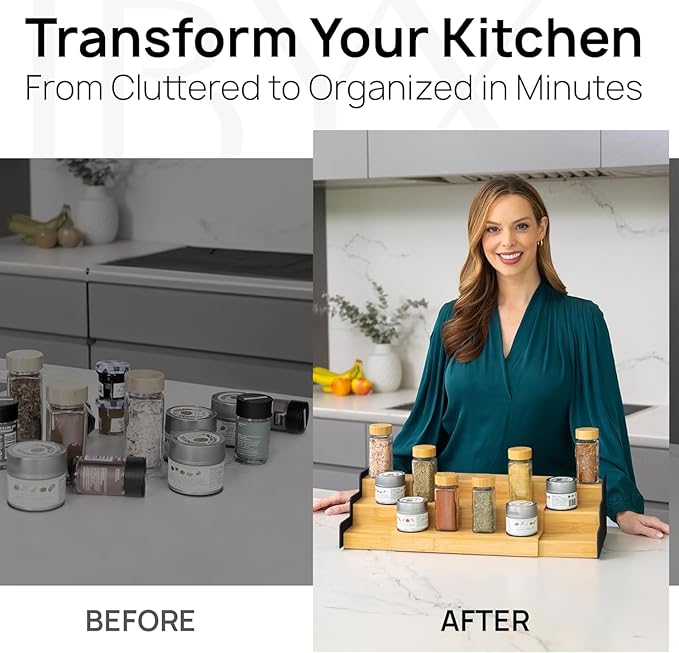 Ibyx Premium 3-Tier Spice Rack Organizer for Cabinet - Expandable Bamboo Spice Storage - Non-Skid Countertop Step Spice Shelf - Great for Kitchen Cabinet Countertop (Natural - Wide)