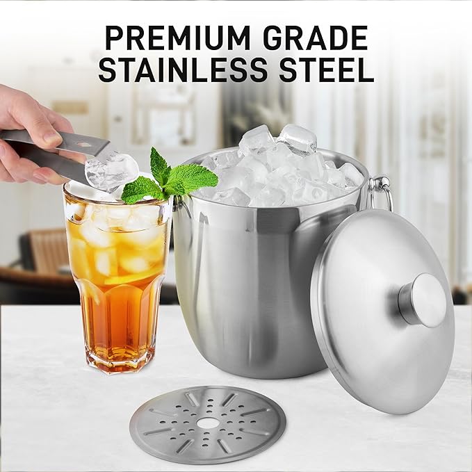 Zulay Kitchen Premium Stainless Steel Double-Wall Insulated Ice Bucket Kit – 3L, Leak-Proof, Stylish Drink Cooler for Parties, Cocktails, Wine, and Whiskey – Perfect for Home & Bar Use