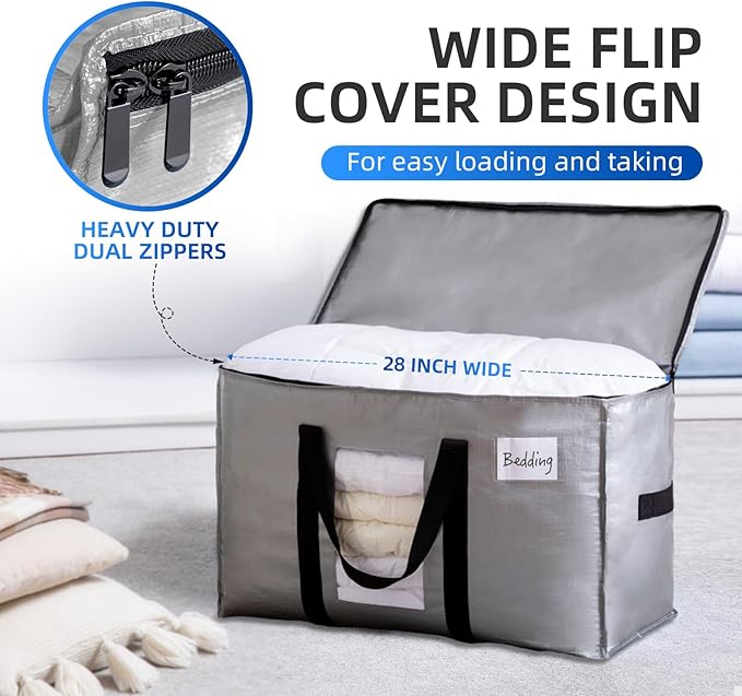 TAILI Extra Large Moving Bags, 12 Pack Silver Heavy Duty Totes for Storage with Visible Window, Wrap Around Handles, Storage Bags for Space Saving, Alternative to Moving Boxes