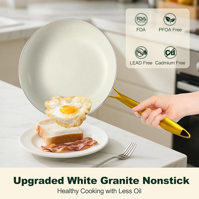 Pots and Pans Set Non Stick, 7 Piece White Granite Induction Cookware Set, Nonstick Kitchen Cooking Set with Gold Handle and Utensil, Oven Safe (PFOS, PFOA Free)