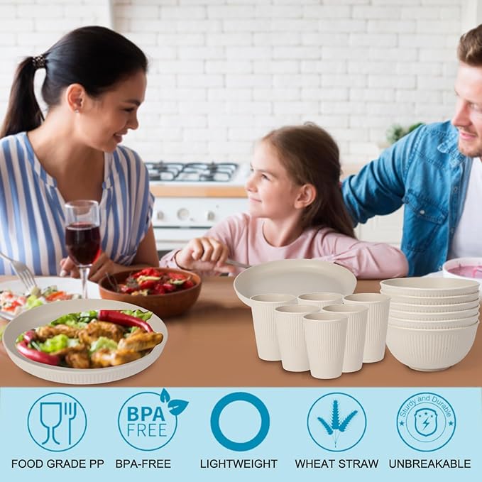 18pcs Wheat Straw Dinnerware Sets, Unbreakable dish Set Reusable Plates, Bowls, and Cups Set dishes Dishwasher Microwave Safe for Kitchen Outdoor Travel Camping (Beige)