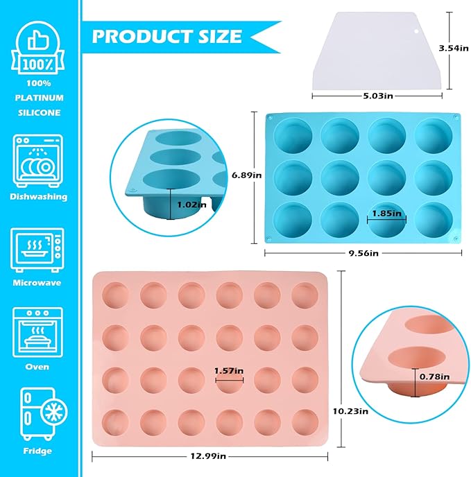 Cake Puck Mold Set,SAGOOITS 2 Different Sizes Chocolate Covered Cake Silicone Molds, 24-Cavity and 12-Cavity Round Cake Pop Molds with 2 Spatulas for DIY Cake Cores, Chocolate Desserts,Cakepucks