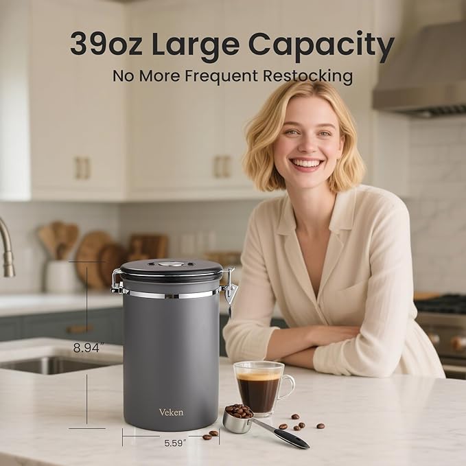 Veken Coffee Canister, 39OZ Large, Airtight Stainless Steel Food Storage Container for 2.2lbs Coffee Beans, Ground, Sugar, Tea, Flour, Cereal, Kitchen Bar Accessories with Date Tracker & Scoop, Gray