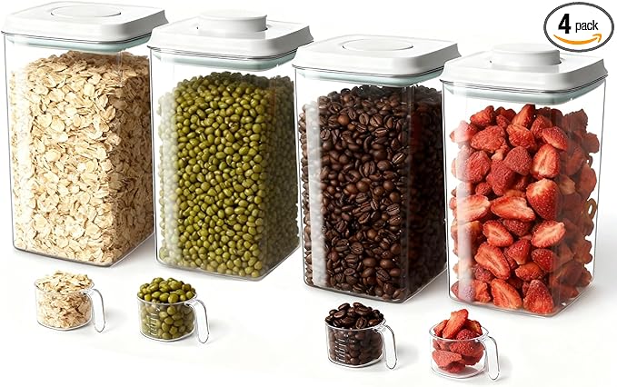 4 Pcs Large Pop Airtight Food Storage Containers Set with Lids, 4.2Qt/4L Food Containers with Scoop, Kitchen Pantry Organization and Storage, BPA Free Stackable Cereal Container (4 * 4.2Qt)