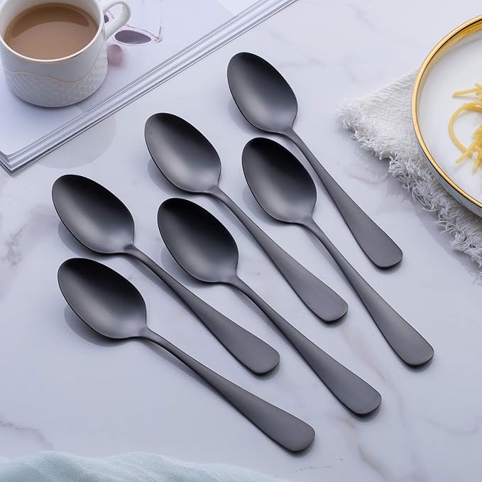 Matte Black Dinner Spoon, GoGeiLi Stainless Steel Satin Finish 7.8-inch Silverware Flatware Spoon Set, Service for 6, Dishwasher Safe