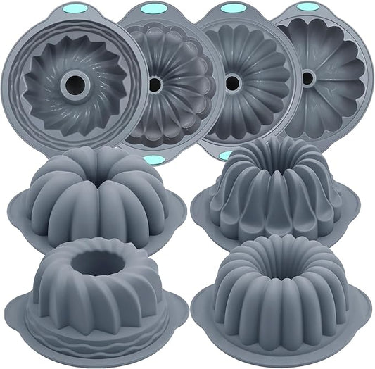 Tongjude 4 Pieces Silicone Fluted Tube Cake Pans, 10 Cups Tube Baking Pan, Jello Mold, Silicone Molds for Homemade Cake, Bread and Jello, Non-Stick, Grey