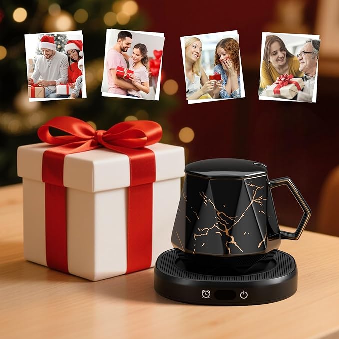 Coffee Mug Warmer & Unique Marbling Mug Set, Smart Heated Electric Cup Warmer for Desk Office, 4 Temperature Control Coffee Tea Beverage Warmer, 8 Hours Auto Shut Off, Christmas Birthday Gifts for Man