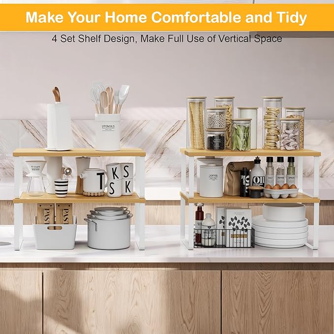 Cabinet Shelf Organizers, 15.7 inches Large Kitchen Counter Shelf, Set of 4 Wood Kitchen Pantry Organizer, Storage Shelves for Countertop, Spice Rack, Stackable, Expandable, Metal White, Nature