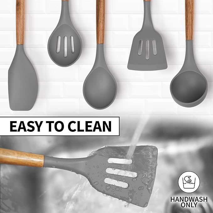 Zulay Kitchen Utensils Set Non-Stick Silicone Cooking Utensils Set with Authentic Acacia Wood Handles - 5 Piece Silicone Utensil Set - Kitchen Utensils Set with 464°F Heat Resistance - Gray
