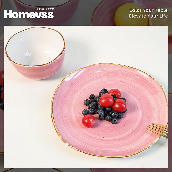 Highland 16-Piece Dinnerware Set Service for 4, Organic Shape Stoneware Plates and Bowls Set, Scratch Resistant, Microwave and Dishwasher Safe, Speckled Effect Handcrafted, Swirl Pink