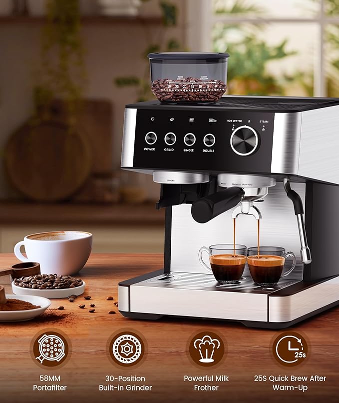 COWSAR Espresso Machine with Grinder, 15 Bar Expresso Coffee Machines with Milk Frother Steam Wand for Latte/Cappuccino, 77.8oz Removable Water Reservoir for Home/Office