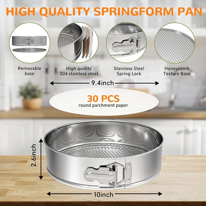 10 Inch 304 Stainless Steel Springform Pan with Removable Bottom, Nonstick Round Spring Form Cheesecake Pan with 30 Pcs Parchment Paper Liners