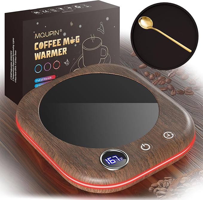MQUPIN Mug Warmer, Coffee Mug Warmer for Desk- 3 Temp (113℉/131℉/167℉), 4 Hours Auto Off, Candle Warmer Plate with 1-12 Hours Timer, Coffee Accessories Keeping Beverage Warmer(Wood Grain)