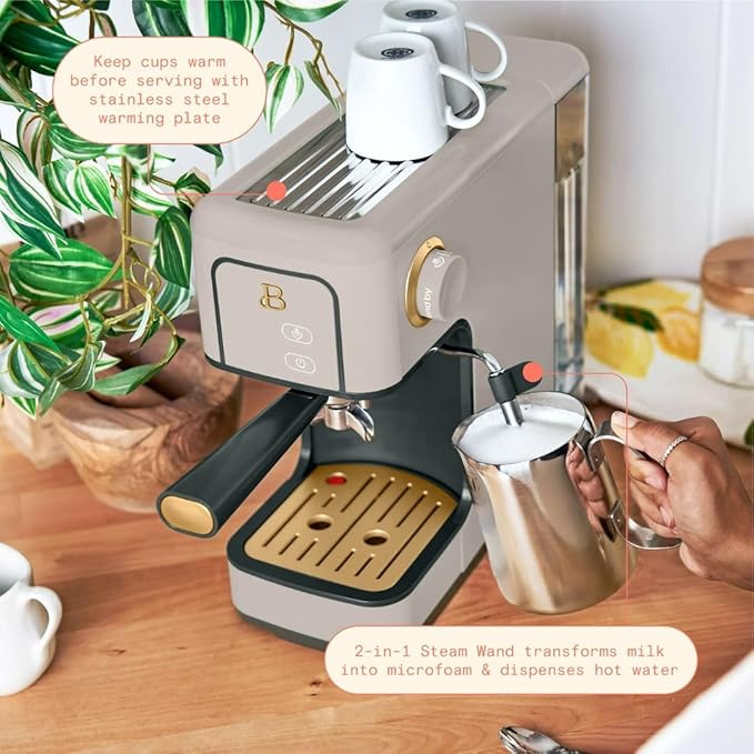 Beautiful Slim Espresso Maker by Drew Barrymore – 20‑Bar Pressure, Dual‑Spout 52 mm Portafilter, 50 oz Removable Tank, 2‑in‑1 Steam Wand & Touch Controls (Porcini Taupe)
