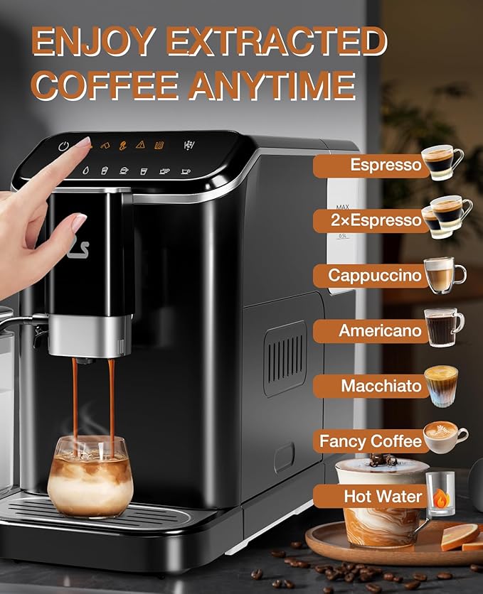 IDEALHOUSE Fully Automatic Espresso Machine with Built-In Grinder and Milk Frother, Touchscreen Control, 20 Bar Pressure, 1.5L Detachable Water Tank, One-Touch Latte & Cappuccino Maker, Black