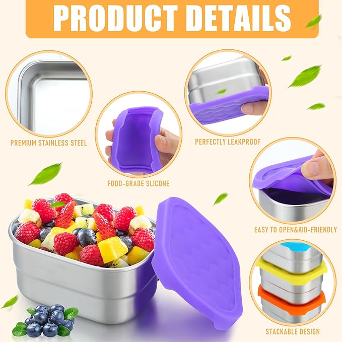 Layhit 6 Pcs Stainless Steel Snack Containers for Kids, 8 oz Lunch Containers with Silicone Lids Small Reusable Metal Food Box for Child Daycare School Home Storage Supplies(Vivid Color)