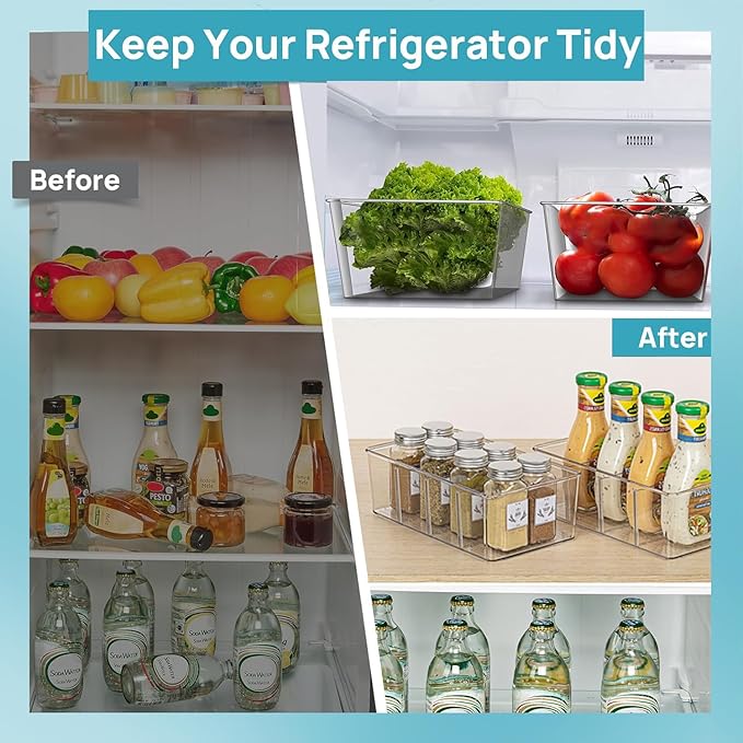 Set of 4 Clear Fridge Organizer Bins,2 Pack Stackable Refrigerator Organizer And 2 Pack Pantry Organizers and Storage with 3 Dividers,BPA-Free Spice Organization for Kitchen Cabinet