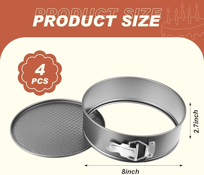 4 Pcs 8 Inch Non Stick Springform Pan with Removable Bottom Carbon Steel Round Springform Cheesecake Pan with Stainless Steel Spring Buckles for Baking Kitchens Restaurant(Gray)