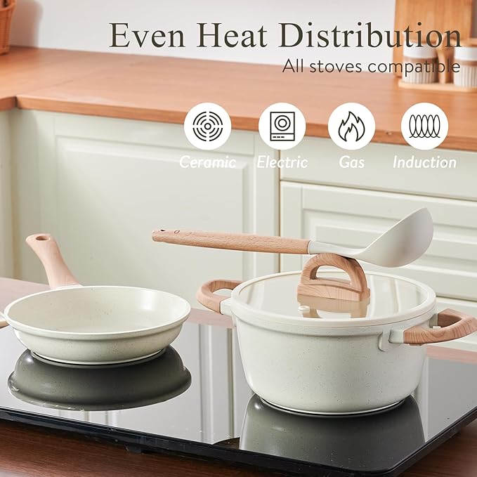 Pots and Pans Set Non Stick Non-Toxic 22 Pcs Ceramic Cookware Sets Nonstick Kitchen Pot&Pan With Lid Cream White Granite Induction Compatible with Glass Lids Crepe Frying Pan PFOA/PFOS-Free