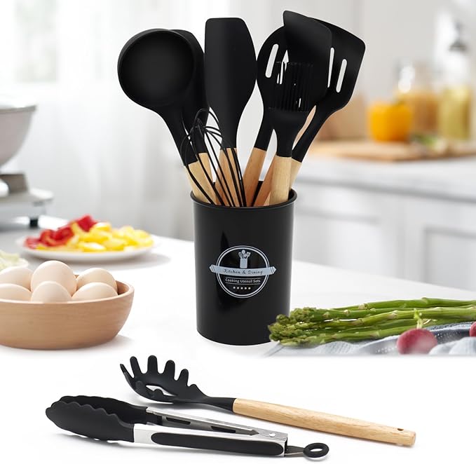 12-Piece Silicone Kitchen Utensils Set with Wooden Handle, Non-Stick & Heat Resistant Cooking Utensils (446°F), Includes Spatula, Spoon, Turner, Tongs, Whisk, Great for Home Cooks-Black