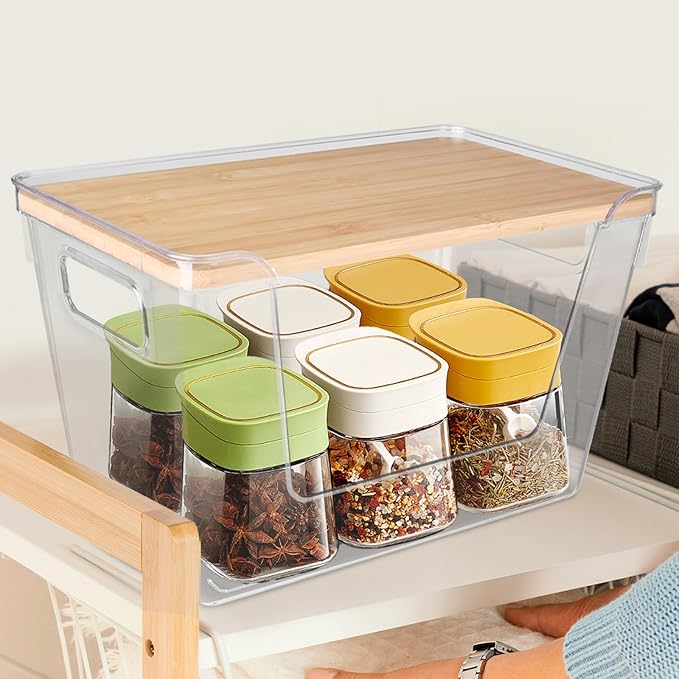 2 Pack Pantry Organizers Storage for Kitchen, Storage Bins with Bamboo Lids, Large Capacity, Clear Stackable Storage Containers forHome, Cabinet, Shelf, Food Storage & Fridge Organization