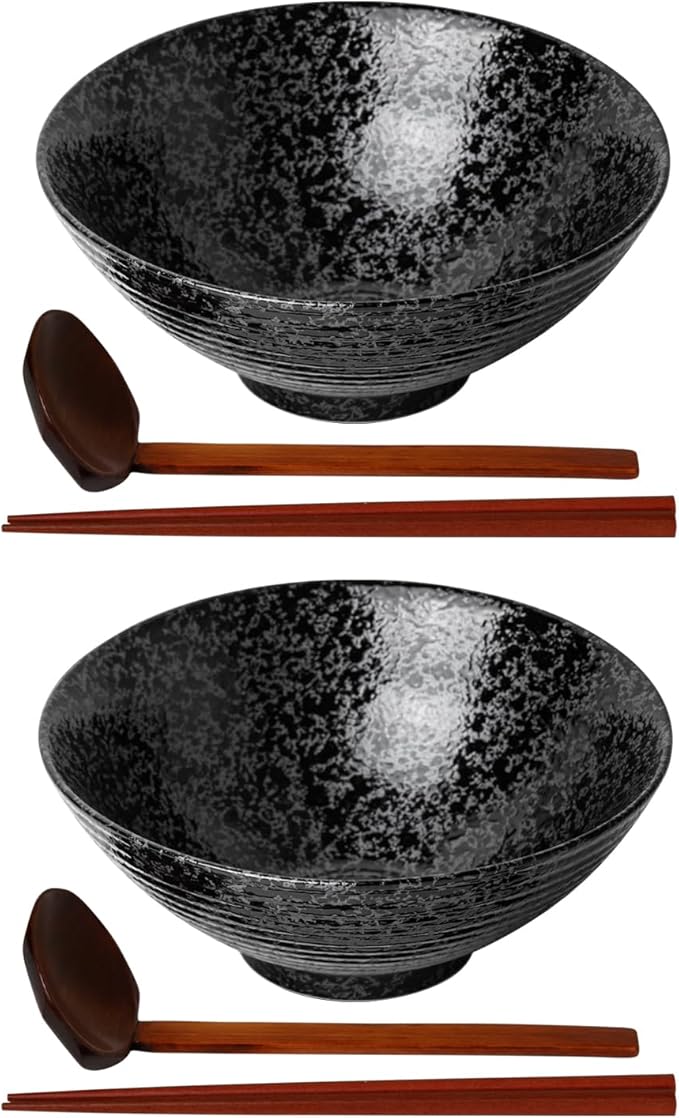 Kanwone Ceramic Japanese Ramen Bowl Set, Noodle Soup Bowls - 60 Ounce, with Matching Spoons and Chopsticks for Udon Soba Pho Asian Noodles, Set of 2, Black