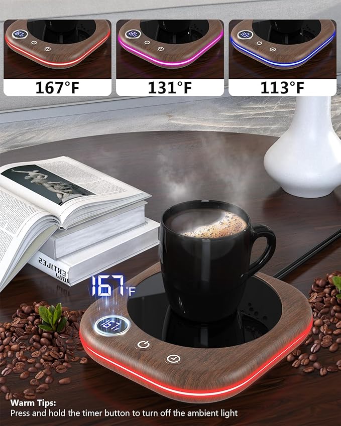 MQUPIN Mug Warmer, Coffee Mug Warmer for Desk- 3 Temp (113℉/131℉/167℉), 4 Hours Auto Off, Candle Warmer Plate with 1-12 Hours Timer, Coffee Accessories Keeping Beverage Warmer(Wood Grain)