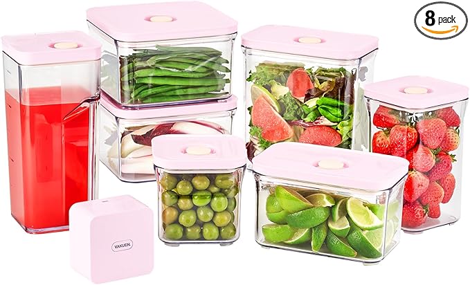 VAKUEN Premium Airtight Food Storage Containers ROSE 8P/SET, 6pcs Container, 1pcs Water Pitcher and Vacuum Sealer. Patented Double Silicone Lining, 100% Leak Proof, BPA-FREE