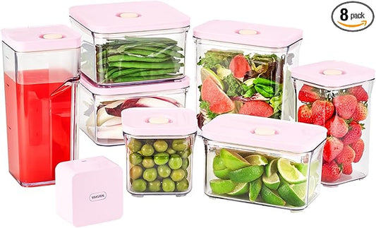 VAKUEN Premium Airtight Food Storage Containers ROSE 8P/SET, 6pcs Container, 1pcs Water Pitcher and Vacuum Sealer. Patented Double Silicone Lining, 100% Leak Proof, BPA-FREE