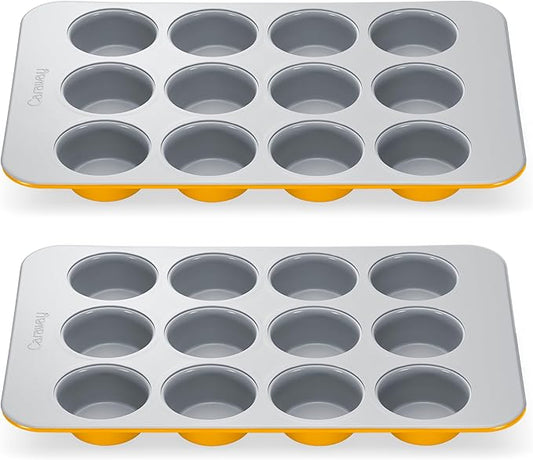 Caraway Non-Stick Ceramic 12-Cup Muffin Pan Duo - Naturally Slick Ceramic Coating - Non-Toxic, PTFE & PFOA Free - Perfect for Cupcakes, Muffins, and More - Marigold