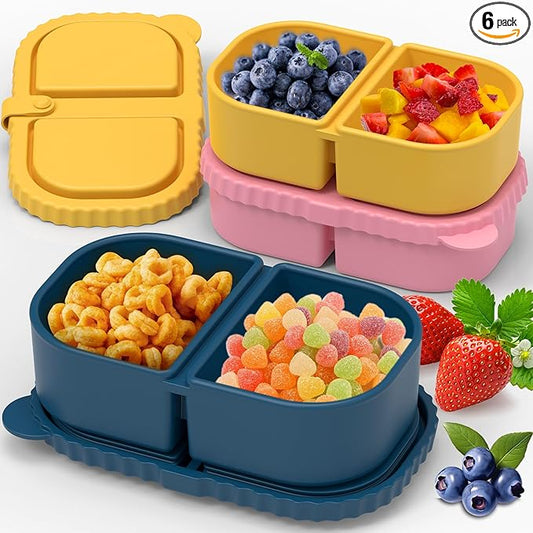 6 Pack Reusable Silicone Snack Containers with Lids, Mini Containers 2 Compartments, Portable Silicone Food Storage Box for Picnic, School, Office (6)