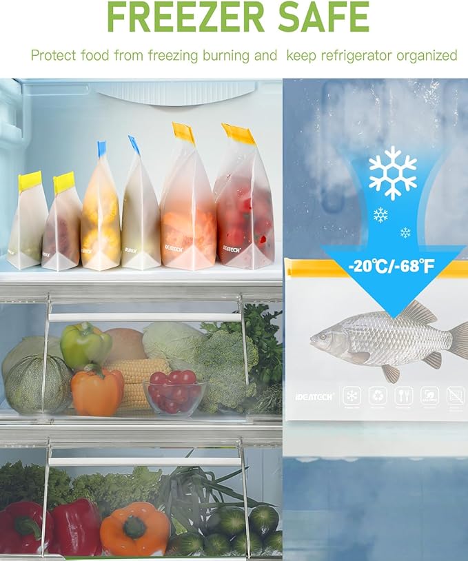 IDEATECH 8Pack Gallon Bags Dishwasher Safe, Leakproof Reusable Gallon Freezer Bags, BPA Free Reusable Gallon Bags, Food Storage Bags Silicone for Meats, Sandwich, Travel (8Gallon, Colored)