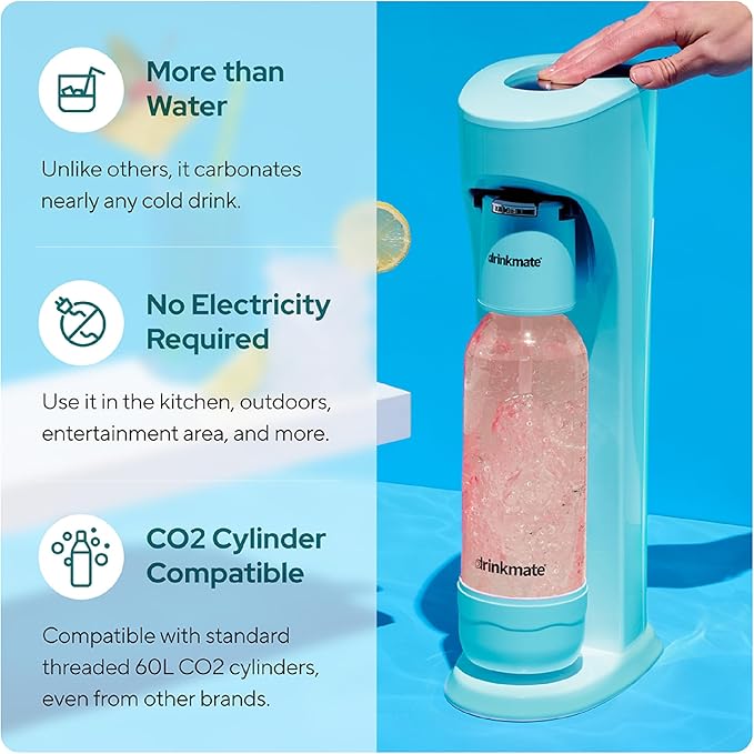 Drinkmate OmniFizz Sparkling Beverage Maker CO2 Bundle - Sparkling Water/Soda Streaming Machine That Carbonates Any Drink - Includes 4 CO2 Cylinders, 1 Carbonation Bottle, 1 Fizz Infuser - Arctic Blue