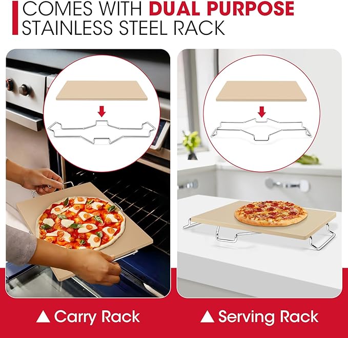 Unicook Pizza Stone for Oven and Grill, 16 x 14 Inch Rectangular Baking Stone for Bread, Cordierite Pizza Pan for Baking Crispy Bread and Cookies, Includes Carry Rack and Dough Scraper