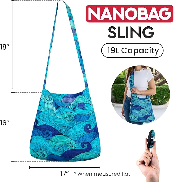 Nanobag Ultra-Lightweight Foldable Sling for Women & Men, Reusable Grocery & Travel Bag, Packable Collapsible Compact Market Crossbody (Sling Black)