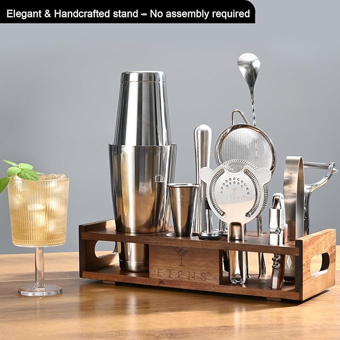 Premium 15-Piece Mixology Bartender Kit – Stainless Steel Cocktail Shaker Set with Wooden Stand | Professional Boston Shaker Bar Tool Set for Home & Expert Mixologists | Luxury Cocktail Making Gift