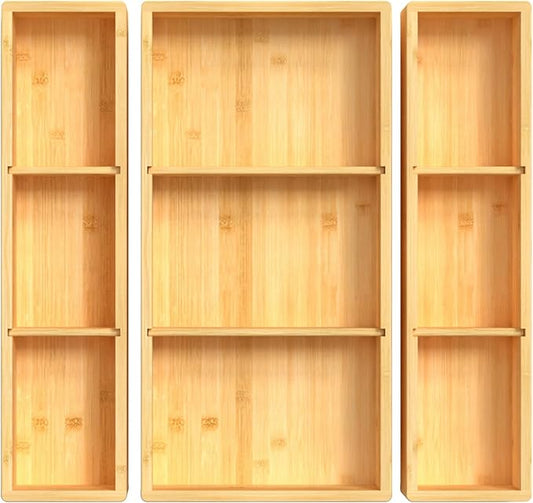 Bamboo Drawer Organizer 12.5'' X 12.5'' X 2'', Adjustable 3 Individual Junk Drawer organizer for Bathroom and Kitchen, Wood Drawer Tea Organier Boxes for Silverware, Make up and Tea Bag